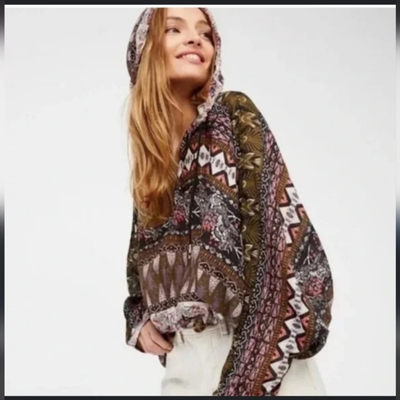 Free People Hold On Tight Gause Hooded Top SzXS Green/Black Oversized - Picture 2 of 13